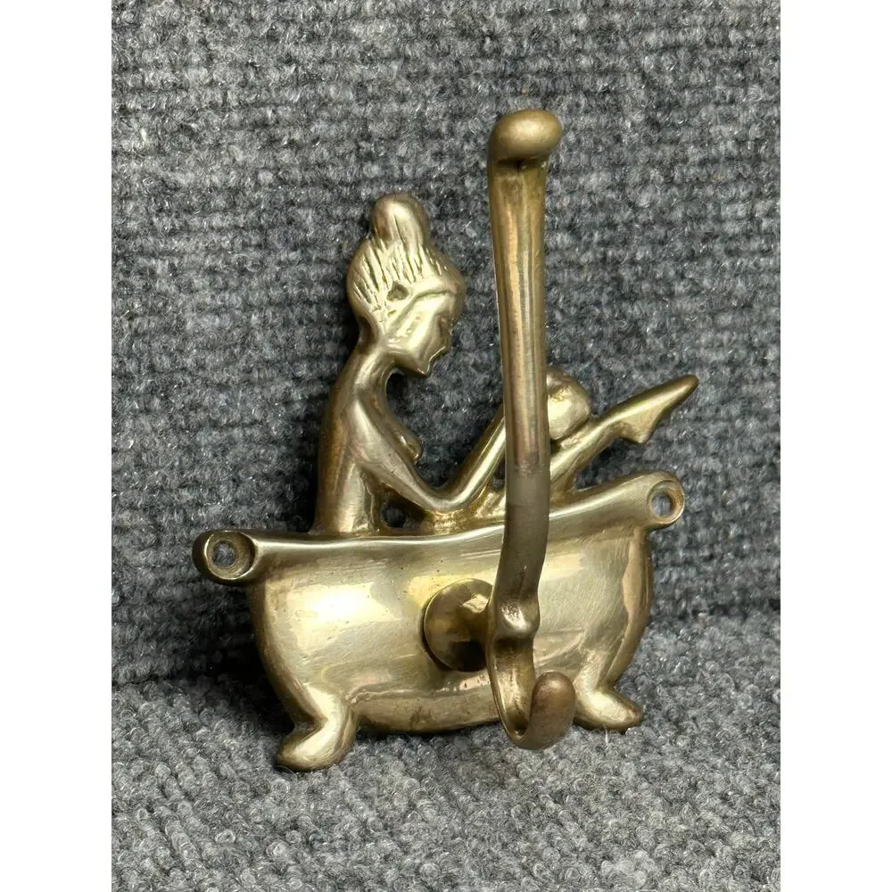 Vintage 70s brass shower hook woman bathing Rosenthal Taiwan 4x4 bath tub soak